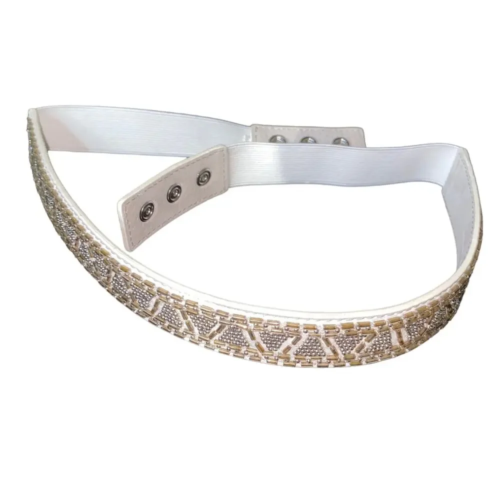 White House Black Market Beaded Studded Rhinestone snap button elastic belt sz S
